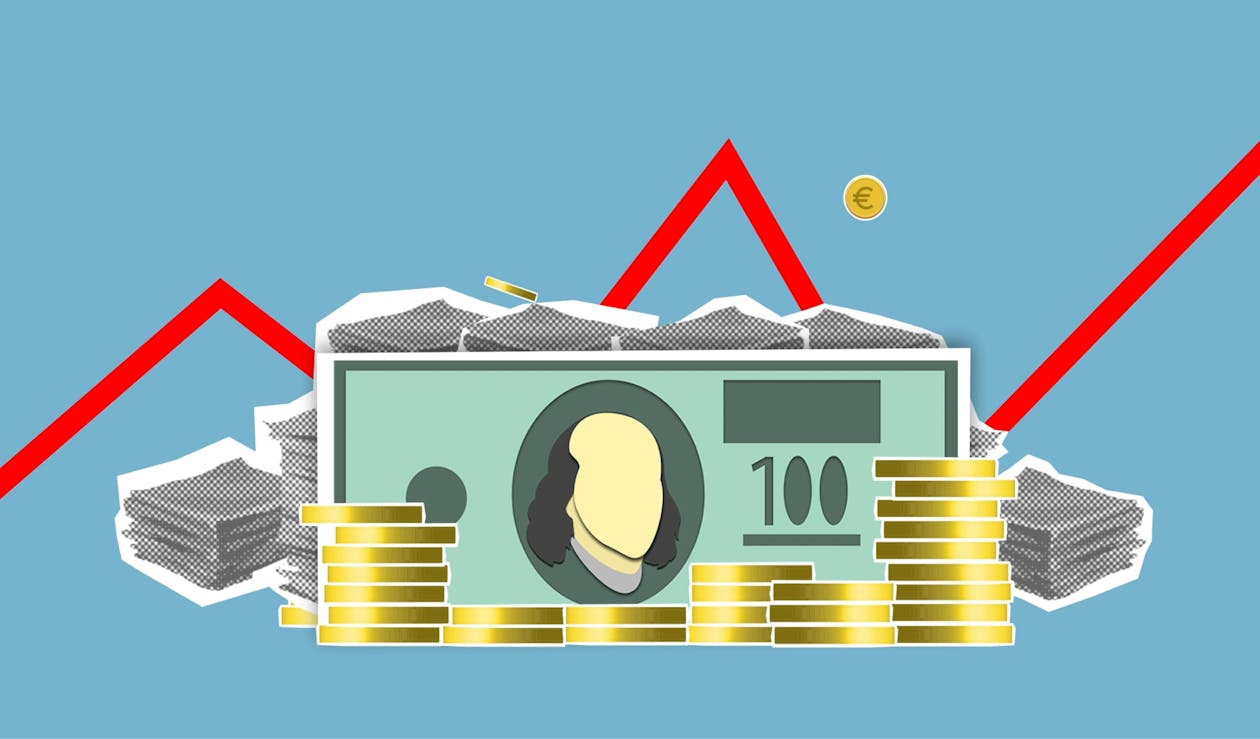 Free Cutout paper composition of dollar bills between pile of coins and financial stocks with curved diagram Stock Photo